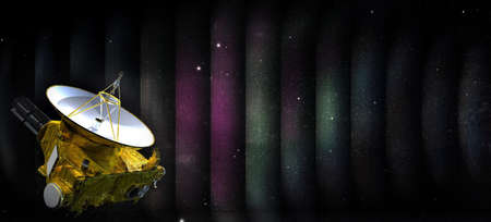 Collage of a spaceship telescope with the stripes in the form of louvers of a galaxy with starsの写真素材