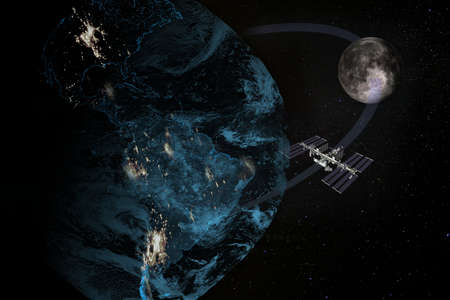 Spaceship flies from earth toward the moon, orbiting above the Americas.の写真素材