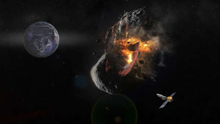 Saving planet Earth from asteroid. Explosion on a meteorite flying to the Earth.の写真素材