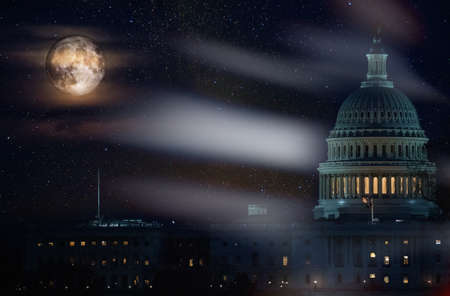 United State Capitol building in the lighth of full super moon in a starry night sky.の写真素材