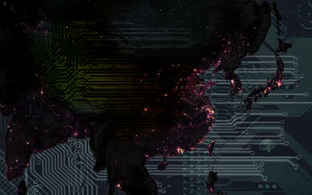 Dark Asia in citylights from space and motherboard patternの写真素材