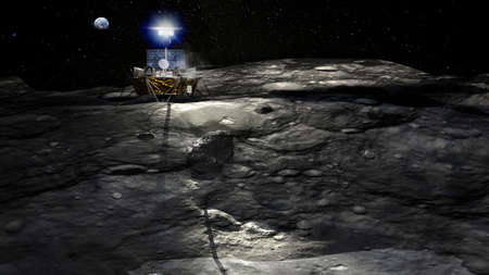 Lunar rover on the moon surface illuminates the craters. Planet Earth visible in the distance. Space exploration concept.の写真素材