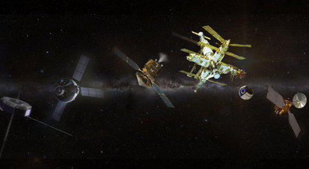 Lots spaceships and satellites orbiting in space. Oversupply problem.の写真素材