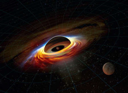 Alien planet orbits a black hole in a distant galaxy.の写真素材