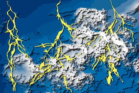 Sky with clouds and lighening bolts, carved layered papercut with shadows.の写真素材