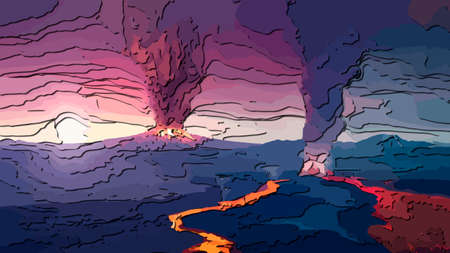Volcano eruption. Carved layered papercut with shadows.の写真素材
