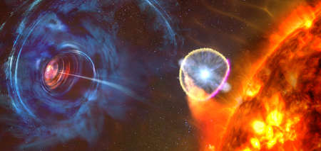 The struggle of opposites in outer space. Matter versus antimatter, star versus black hole. Cold versus hot.の写真素材