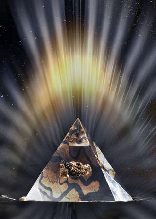 Pyramid masonry symbol in light rays at starry night.