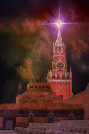 Spasskaya clock tower and Mausoleum of Kremlin in Red square Moscow, Russia. Lighting on a star at the tower illuminates night buildings. Collageの写真素材