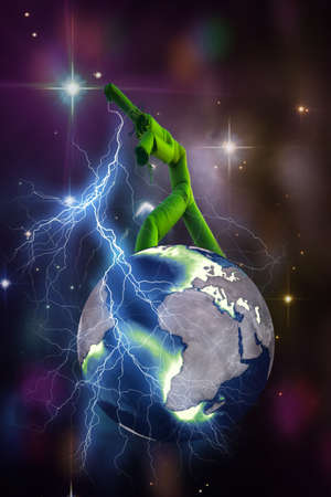 Concept of humanity destroys the Earth. Giant monster walks across the planet in space and throws lightning.の写真素材