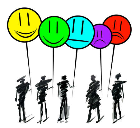 Hand drawn doodle line art cartoon design character group of people holding smilies emoji to show positive, negative and neutral satisfaction rating. Customer service and user experience concept.のイラスト素材