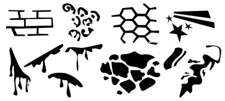 Smudges of paint and stains, simple patterns with brick, honeycomb, stones and splashes. Set of design elements isolated on white background. Use to fill graffiti elements with patterns. EPS10 vectorのイラスト素材