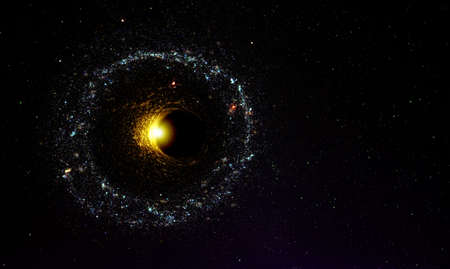 Abstract space wallpaper. Black hole with eclipse in outer space. Copy space for your sci fi text.の写真素材