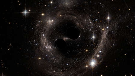 Abstract space wallpaper. Black hole with nebula over stars and cloud fields in outer space....