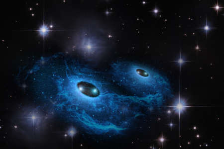Abstract space wallpaper. Pair of two black holes with nebula over stars and cloud fields in outer space.の写真素材