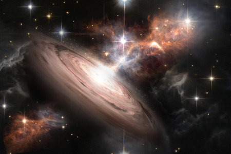 Abstract space wallpaper. Black hole with nebula over colorful stars and cloud fields in outer space.の写真素材