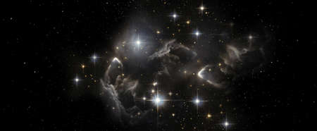 Landscape panoramic background of fantasy alien galaxy stars and dust clouds nebula.の写真素材