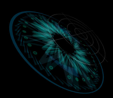 Techno eye isolated on black background in 3d perspective. Layered EPS10 vector illustration.のイラスト素材