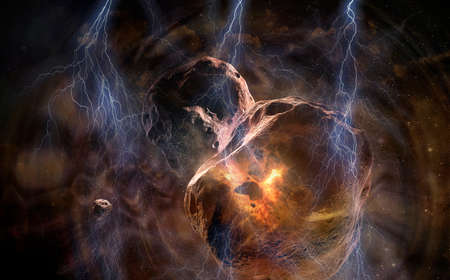Collision of two planets of two worlds in a phantasmagoria sky with lightning.の写真素材