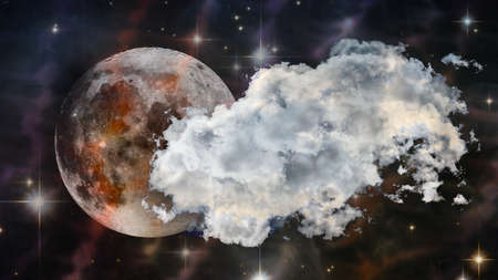 Super moon behind a cloud in the starry sky. Collage. Full moon.の写真素材