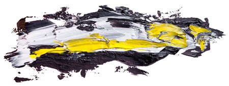Black yellow and white oil brush stripes stroke. Abstract varnish splash trace shape. Glossy oil paint smear on white background.の写真素材