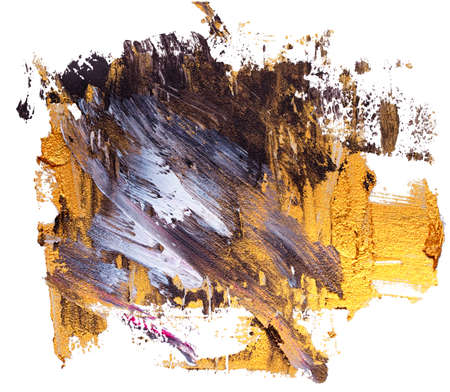 Yellow and black square oil brush stroke. Abstract varnish splash trace shape. Glossy hand drawn oil paint smear on white background.の写真素材