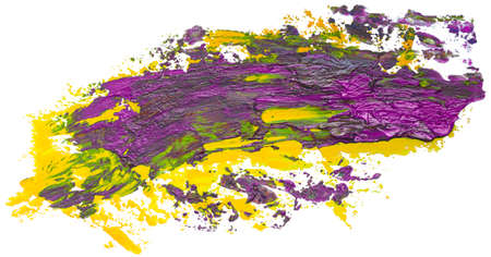 Textured violet and yellow oil paint brush stroke isolated on white background.の写真素材