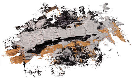White, gold and black oil brush stroke. Hand drawn abstract varnish splash trace shape. Glossy hand drawn oil paint smear on white backgroundの写真素材