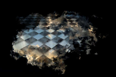 Checkered board on a cloud on black background, creative collage.の写真素材