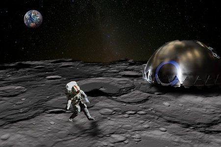 Astronaut on the lunar surface near the lunar base, planet Earth rises above the horizon.の写真素材