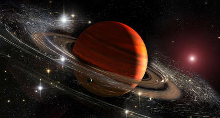Saturn planet with rings in outer space among star dust and srars. Titan moon seen. Elements of this...