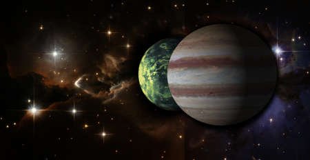 Jupiter planet and one of its moons in spaceの写真素材