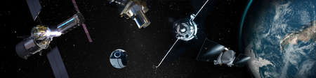 Many spaceships of various shapes in space above the planet Earthの写真素材
