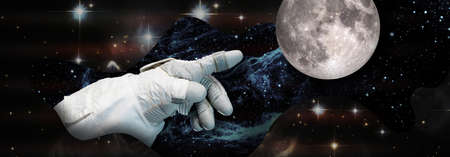 Plans and dreams about flying to the Moon. Finger points towards the satellite, against the background of the starry sky, collageの写真素材
