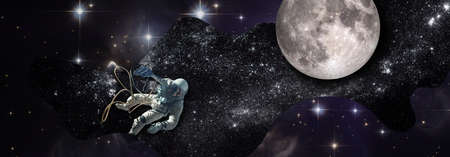 Flying to the Moon. Spaceman in space against the background of the starry sky, collageの写真素材