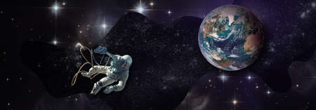 Flying spaceman in space against the background of the starry sky, and planet Earth, collageの写真素材