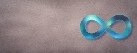 Blue neon infinity icon on a craft textured paper background with copy space for your text.の写真素材
