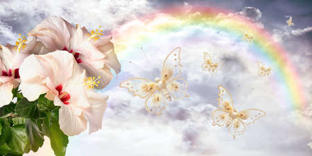 Flowers and butterfly among the sky with rainbow and clouds. Collage.の写真素材