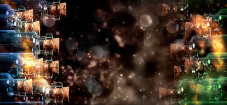 Science frame with rows of glass transparent bottles with corks on the sides and bubbles in the center in the background with copy space.の写真素材
