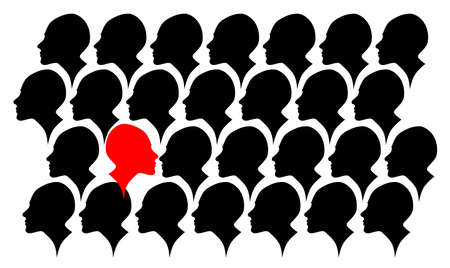 Standing out from the crowd. The profile silhouette looks in the opposite direction than all the others. Concept of thinking different.のイラスト素材