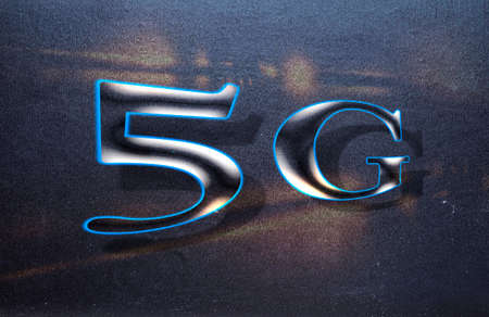 Neon sign "5G" in perspective with shadowsの写真素材