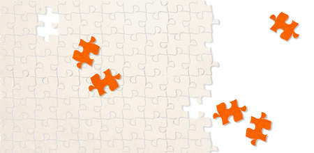 Orange puzzle piece on a background with missing puzzle pieces with copy space isolated on white background for motivation and consultation conceptの写真素材