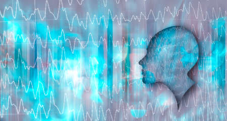 Electroencephalography concept. Medical background with patient profile silhouette and spike and waves EEG pattern with copy space. EEG used to be a first-line method of diagnosis for tumors, stroke and other focal brain disorders.の写真素材