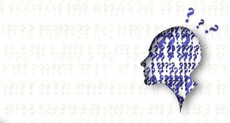 Silhouette of a human head profile cutout with a blue question marksの写真素材