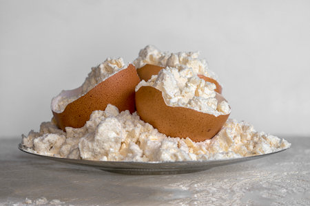 Egg protein powder on a plate and egg shells. sports nutrition.の写真素材