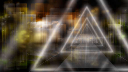 Wonderful triangular light passage in city abstract background. Neon rectangles as buildings on a dark. concept art.の写真素材