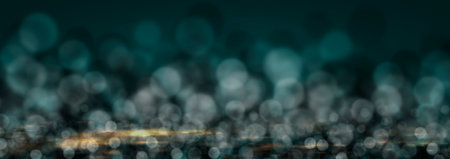 Abstract glitter lights on turquoise background with reflection on the floor. Christmas or New Year greeting card celebration concept with copy space.の写真素材