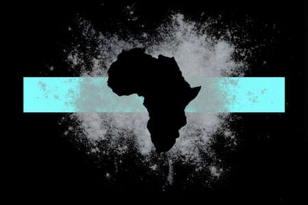 Black background sprinkled with flour, smeared flour, Africa map frame and rectangle paper for your text with copy space. isolated on black.の写真素材