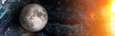 Earth planet and the Moon with the Sun in space.の写真素材