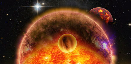 Alien planetary system with sun in outer space, sci fi abstract background.の写真素材